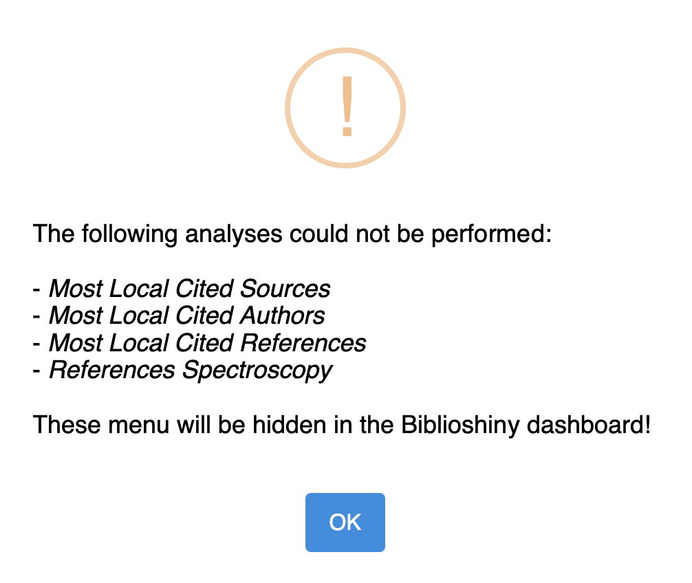 Avertissement de biblioshiny sur les analyses impossibles à lancer.