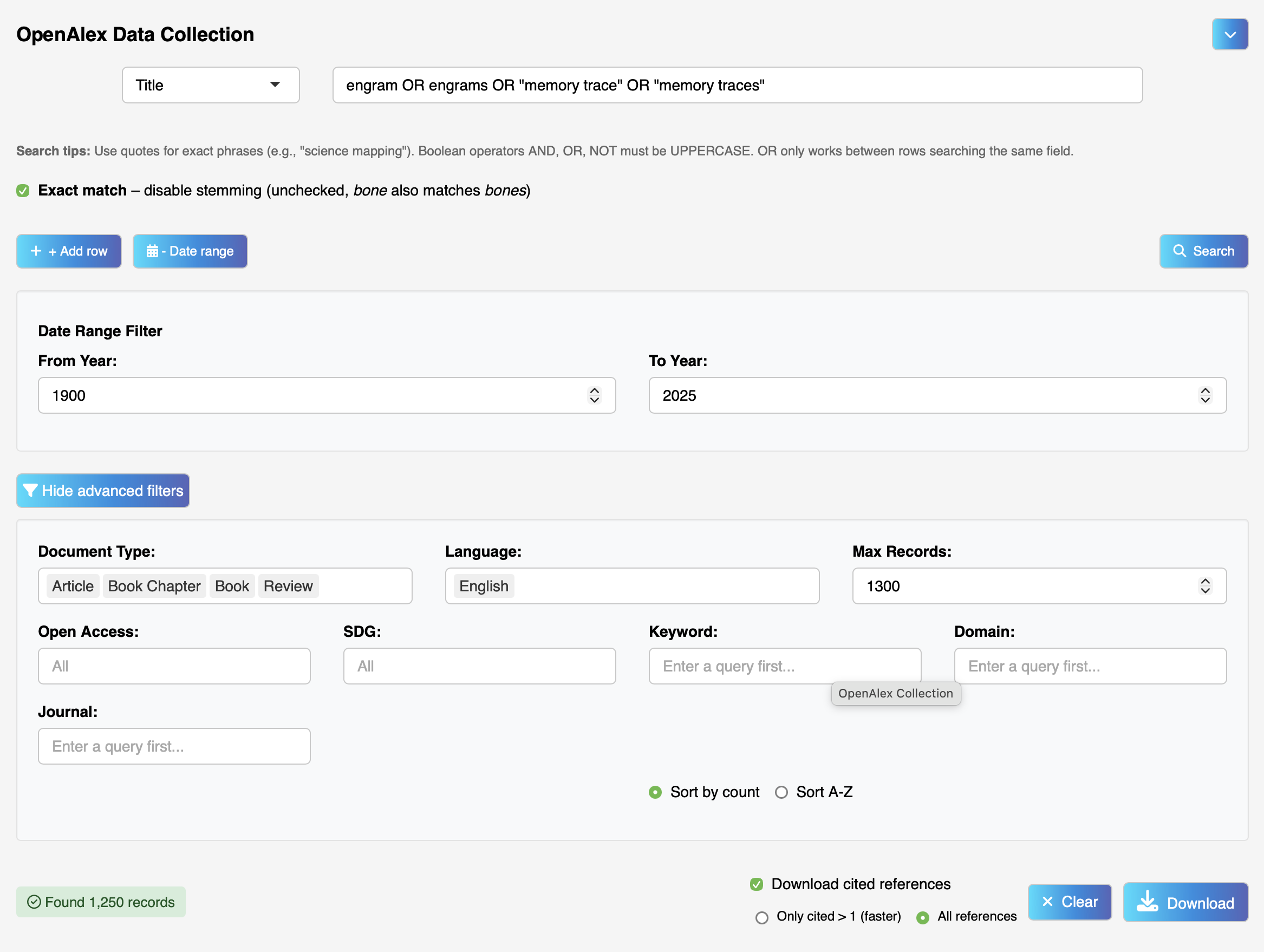Interface d'interrogation de l'API d'OpenAlex dans Biblioshiny.